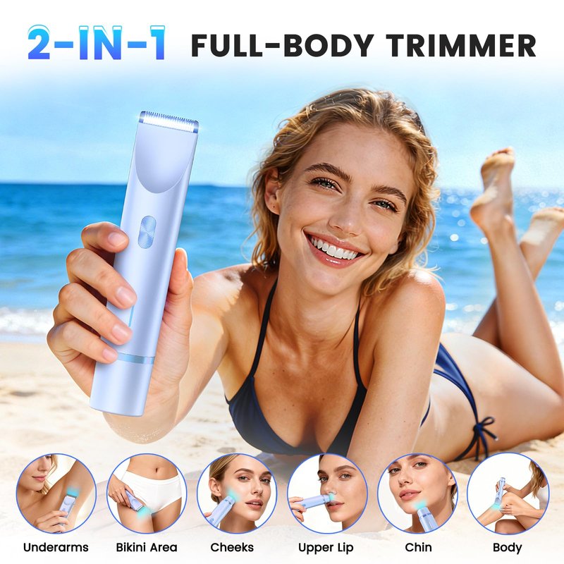 Bikini Trimmer for Women, 2-in-1 Electric Razor with Dual Head, IPX7 Waterproof Body Hair Trimmer for Pubic Hair, Legs, Underarms and Sensitive Areas, Cordless Rechargeable (Blue)