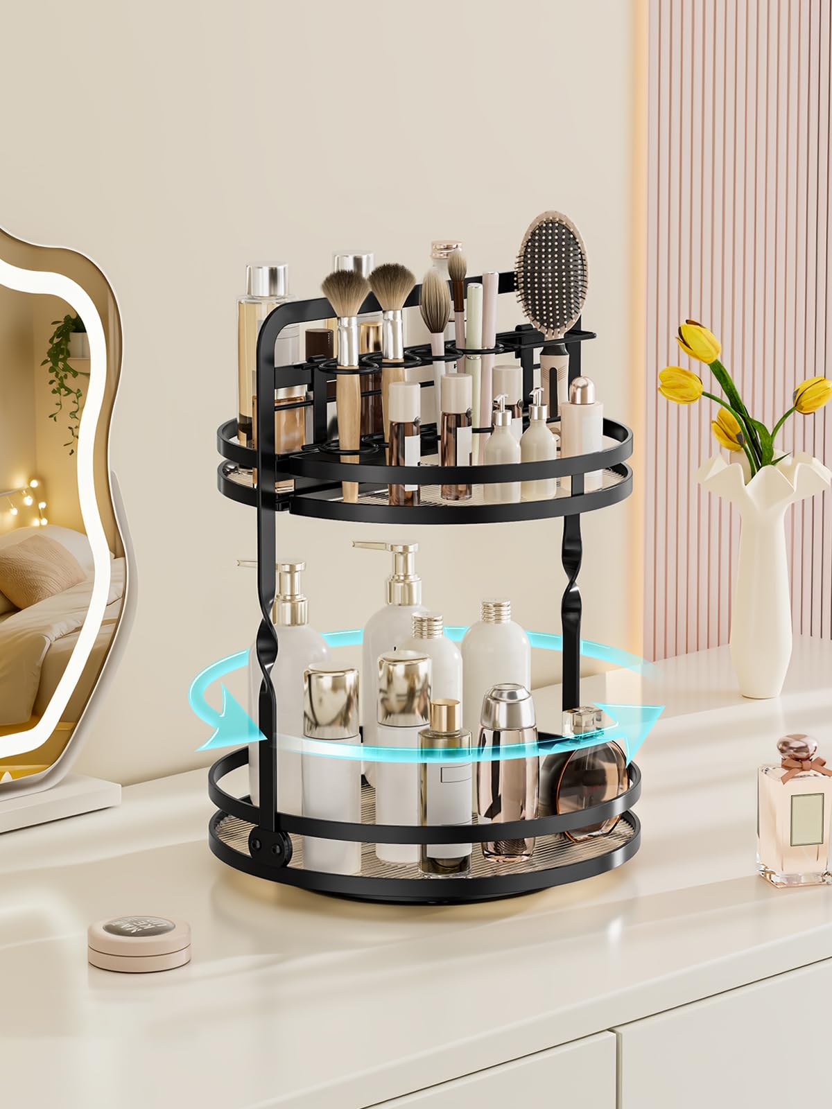 DUANFEE Rotating Makeup Vanity Organizer, 360 Spinning Perfume Organizer for Dresser, 2-Tier Black Bathroom Countertop Organizer, Lazy Susan Skincare Storage, Cosmetic Display with Makeup Brush Holder