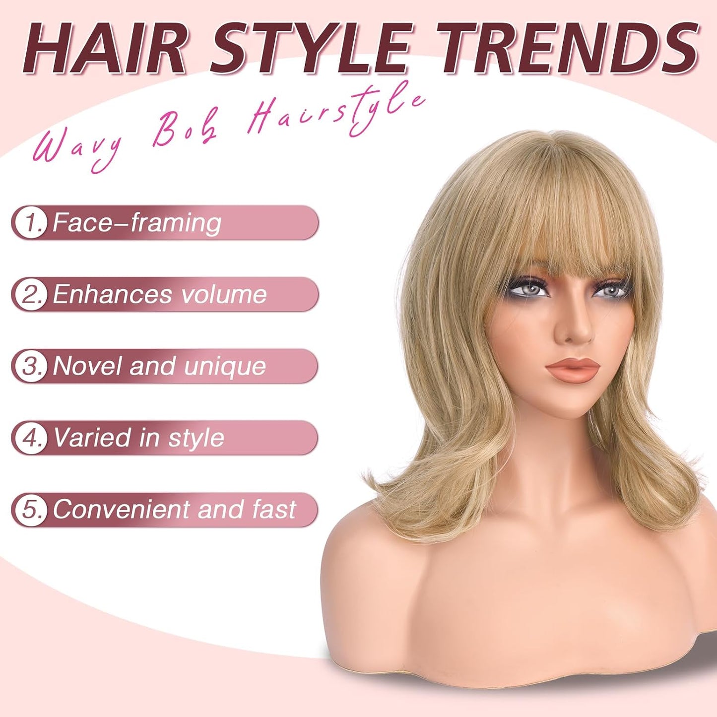 Blonde Short Bob Wig with Bangs - Wavy Layered Synthetic Hair | 14 Inch Dirty Blonde for Women