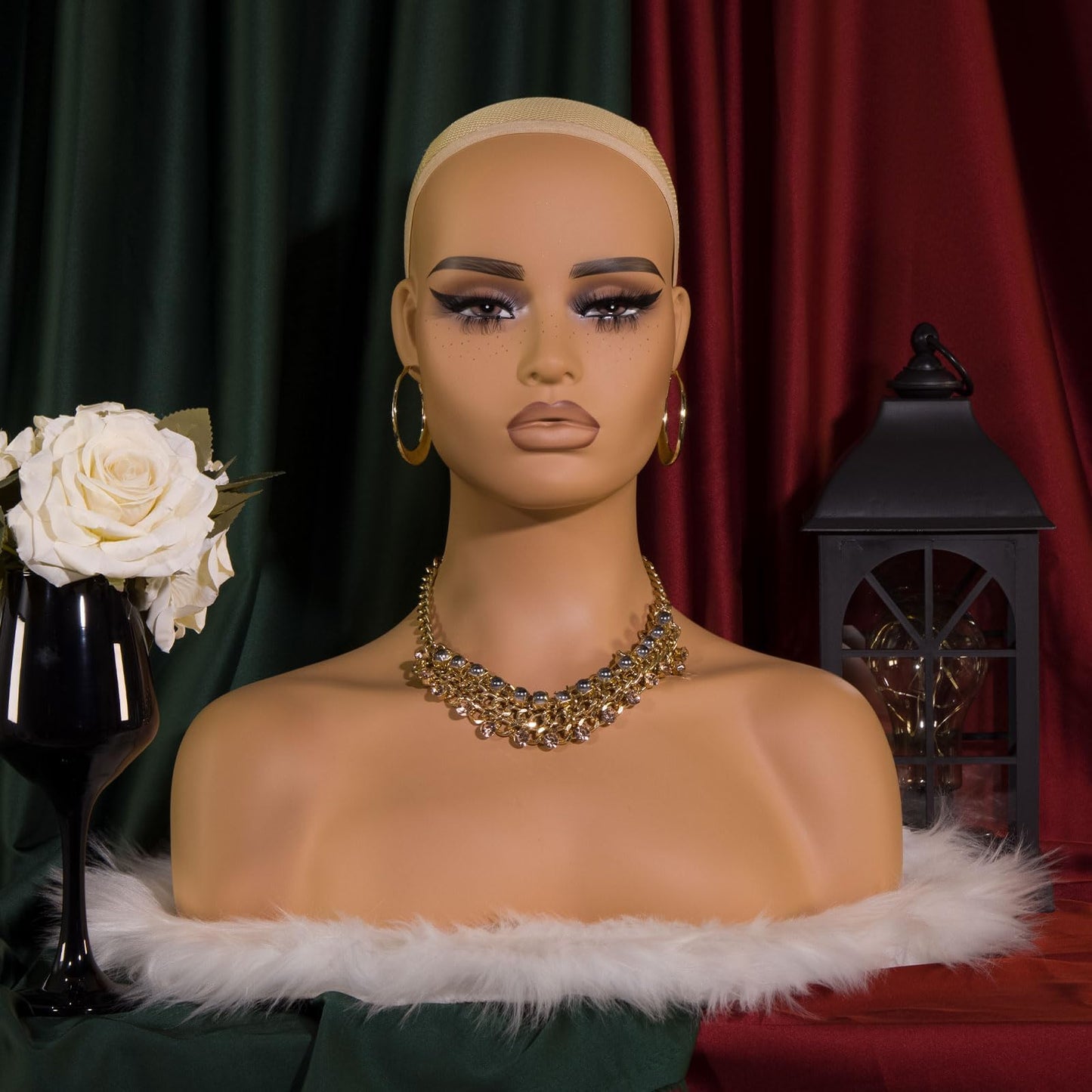 JINGFA Mannequin Head with Shoulders Realistic Manikin Head with Freckles for Display and Styling for Wigs, Jewelry, and Clothing