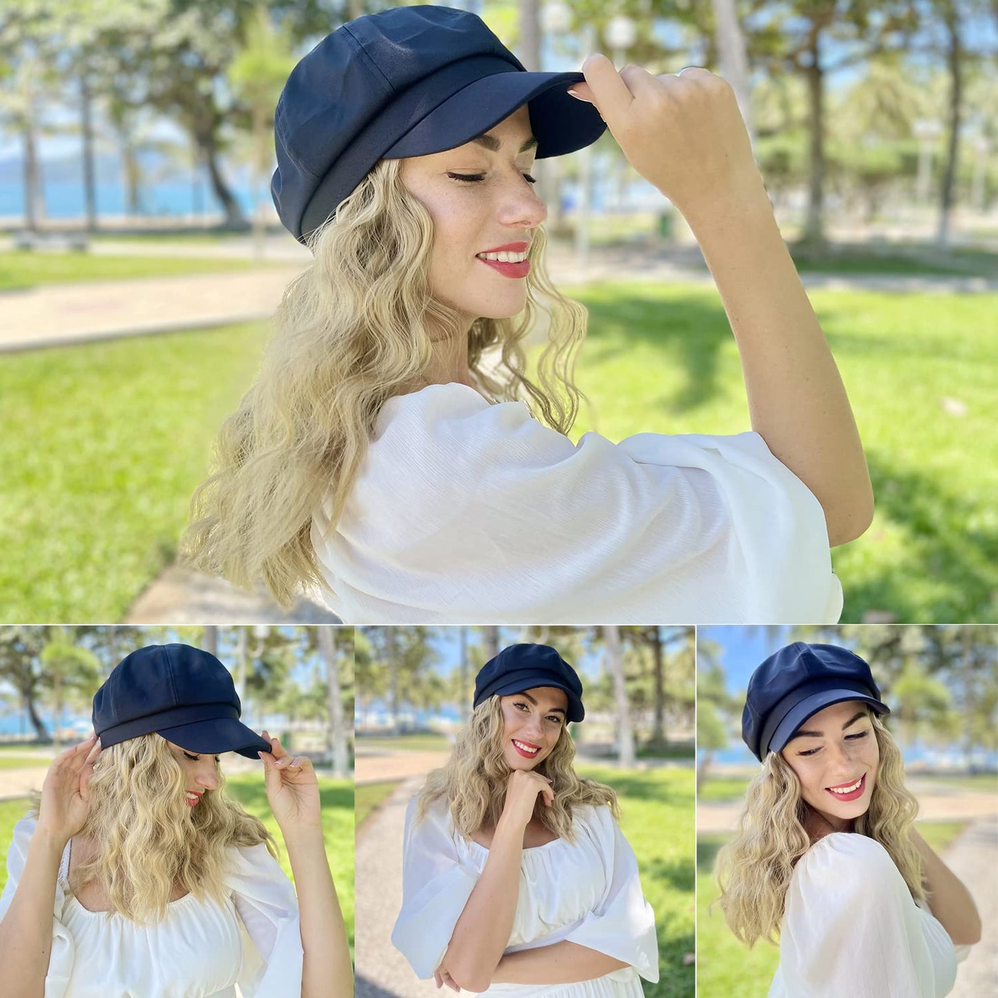 Cephermer Newsboy Cap with 10 Inch Wavy Curly Hair Extensions for Women Hat Attached Synthetic Wig Short Extensions 14 Inch in Length (with Newsboy Cap)