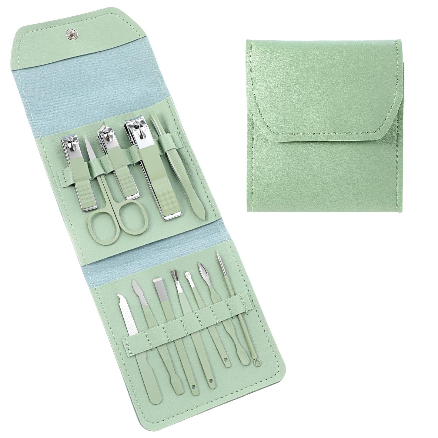 Nail Clippers Kit 12pcs Professional Travel Manicure Kit With Green Pu Leather Case, Premium Stainless Steel Fingernail & Toenail Clippers Travel Manicure & Pedicure Grooming For Women Men Home