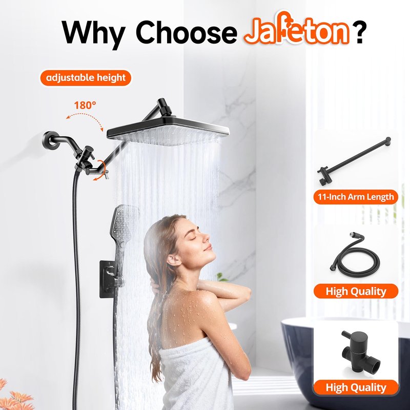 XXL 12.2" Rain Shower Head with Handheld Spray Combo, High Pressure Rainfall Shower Head, Height Adjustable Dual Shower Head, Luxury Waterfall Showerhead Bathroom