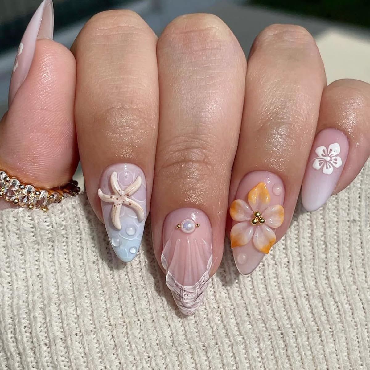 Summer Beach Press-On Nails Set - 24Pcs Medium Almond Floral Design with 3D Starfish & Seashell | Full Cover Ocean Manicure for Women