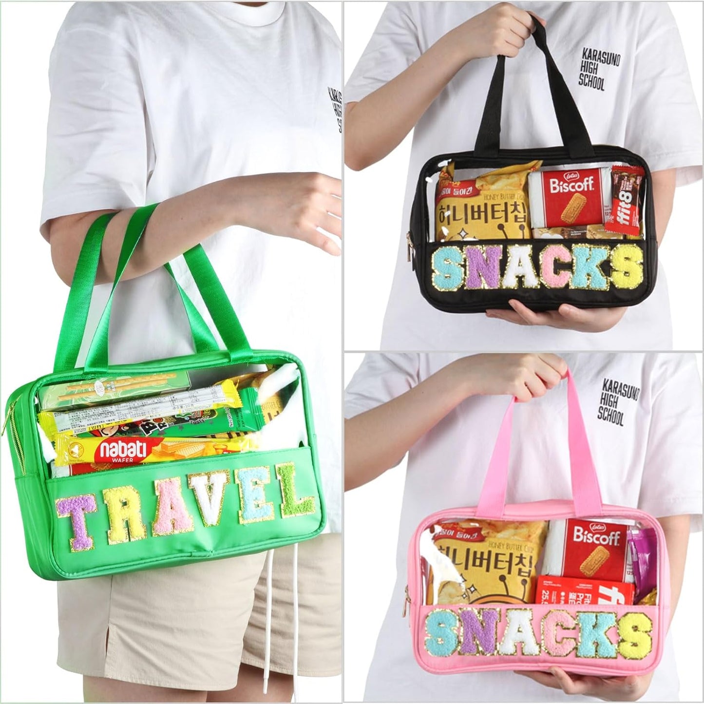 Chenille Letter Patch Clear Travel Bag - Waterproof PVC & Nylon Makeup Organizer | Large Size for Women & Girls