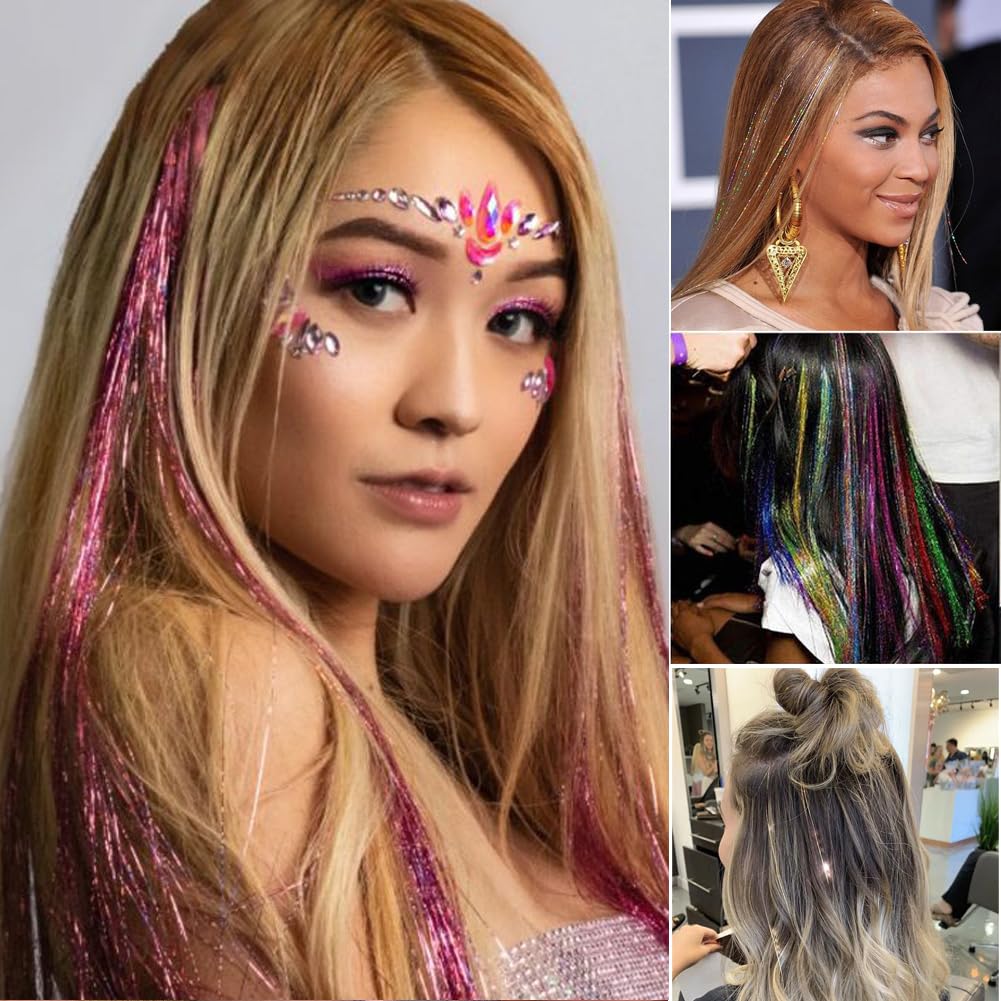 Hair Tinsel 47 Inches Hair Tinsle Kit with Tools 1200 Strands Fairy Hair Tinsel Heat Resistant Sparkling Shiny Extensions Glitter Tinsel Kit for Women Girls