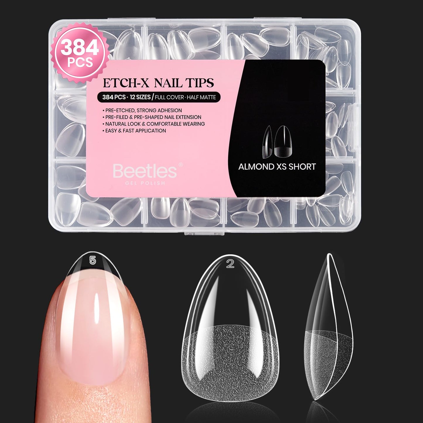 Beetles Gel Nail Tips Etch-X- Almond Extra Short, 384pcs 12 Sizes, Pre-Etched Half Matte Full Cover Soft Gel Nail Tips, Press on False Nail Extension Acrylic Fake Nails, Easy DIY Salon Art