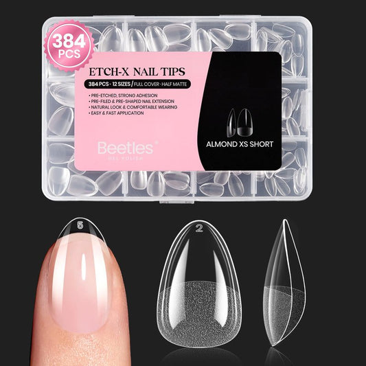 Beetles Gel Nail Tips Etch-X- Almond Extra Short, 384pcs 12 Sizes, Pre-Etched Half Matte Full Cover Soft Gel Nail Tips, Press on False Nail Extension Acrylic Fake Nails, Easy DIY Salon Art