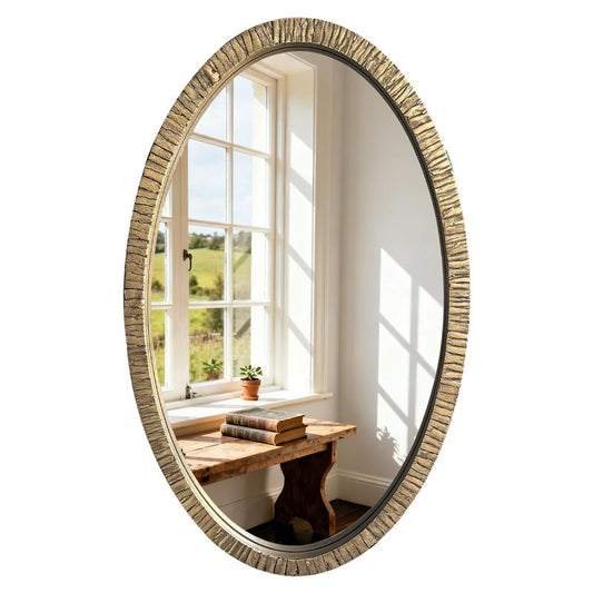 Scoffee Oval Gold Wall Mirror 32"x20", Rustic Textured Mental Frame Decorative Mirror, Vintage Farmhouse Accent Wall Mounted Mirror for Bathroom, Living Room, Entryway Decor