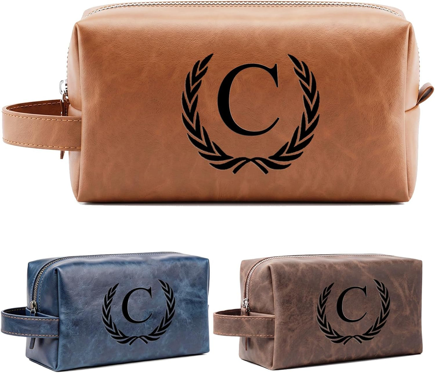 Personalized Leather Toiletry Bag for Men | Engraved Initial Waterproof Travel Bag - Dark Brown