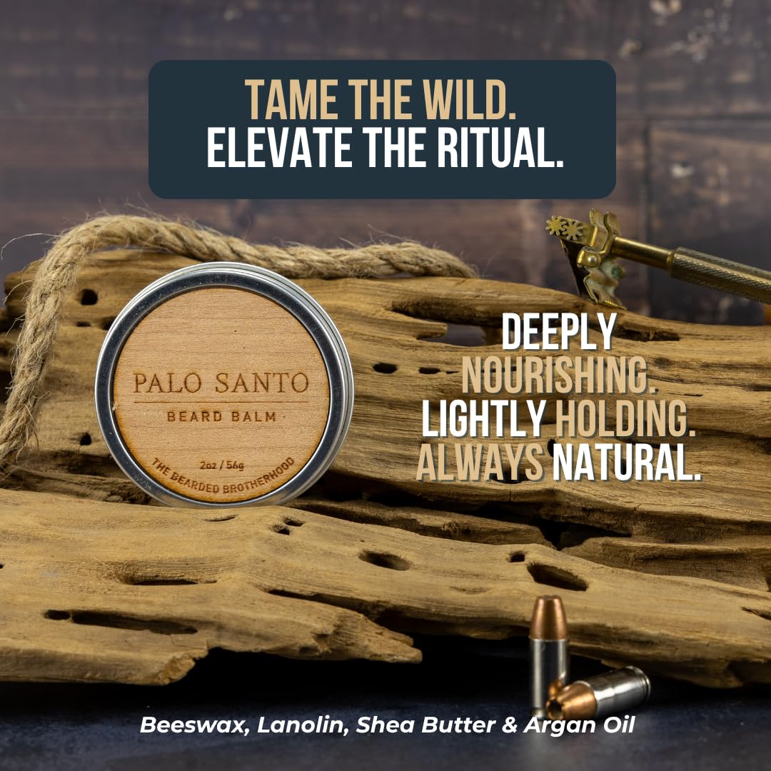 The Bearded Brotherhood TBB Palo Santo Beard Balm for Men | Natural Beard Conditioner and Styler with Shea Butter, Jojoba Oil, Argan Oil | Sweet Woodsy Scent | Handcrafted in Texas | 2 oz