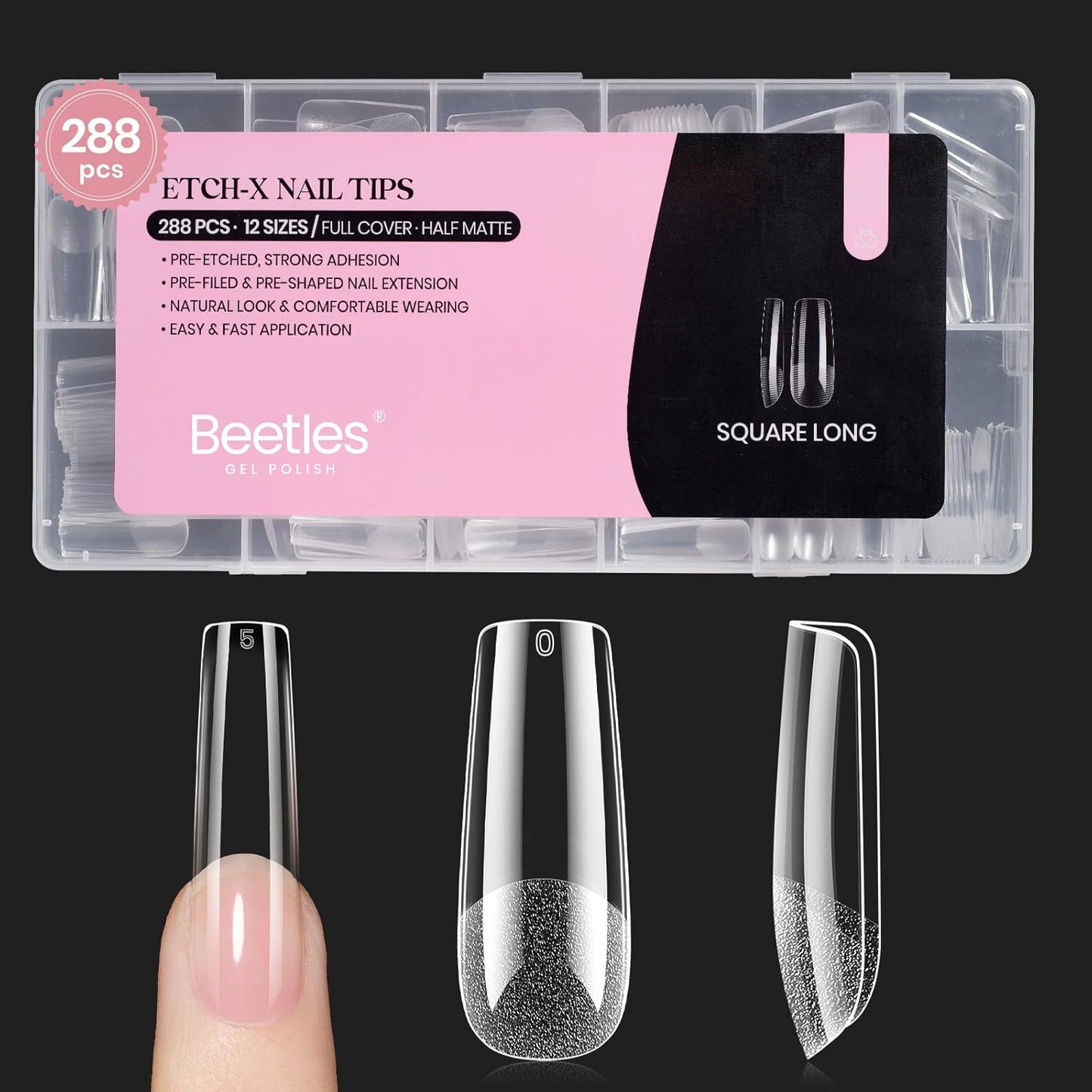 Coffin Gel Nail Tips | Medium Half Matte Press-On Nails - 288 Pcs, 12 Sizes for Easy DIY Manicure