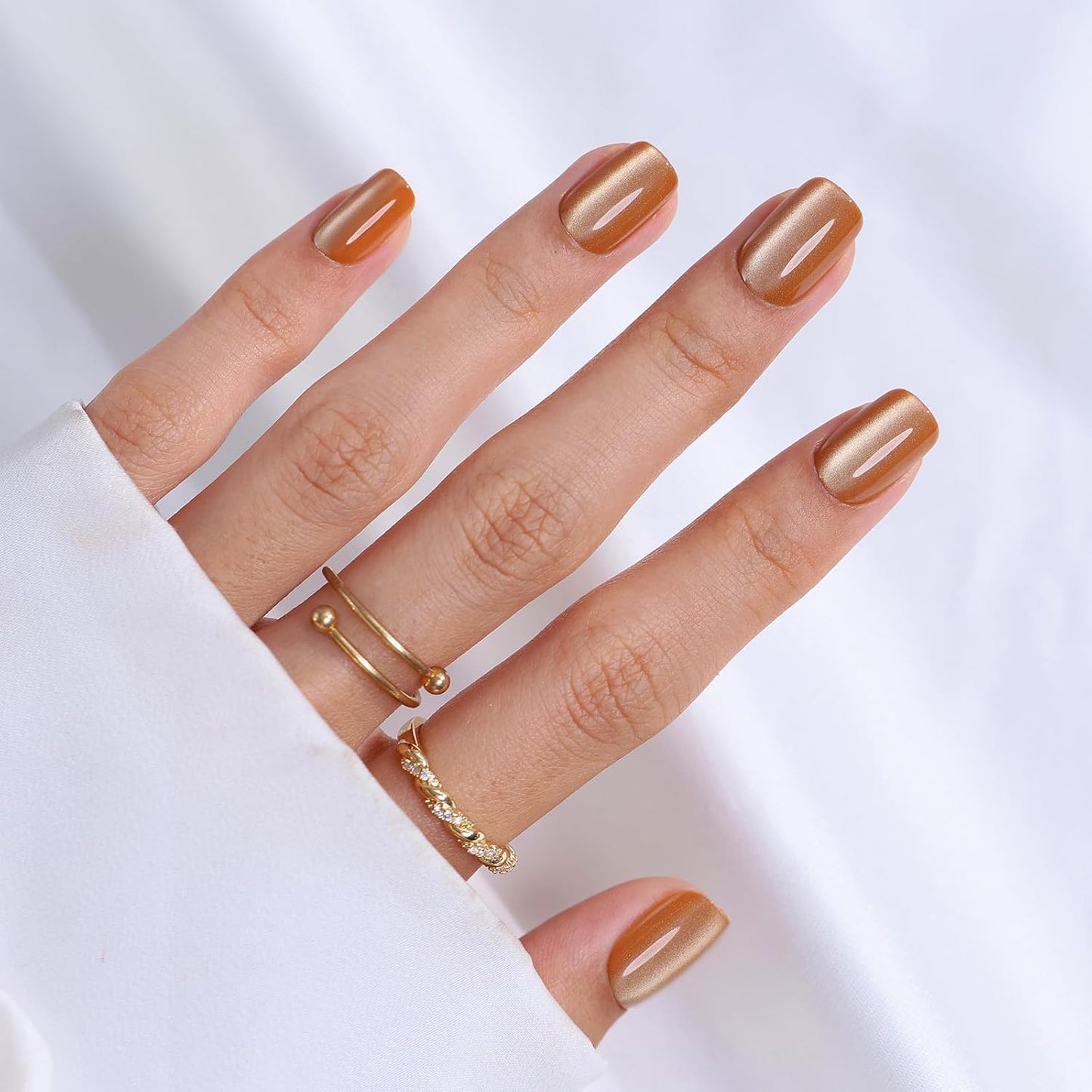 Chrome Press On Nails - Oval Soft Gel Nude Short for Women | 32 Reusable Glossy Glue-On Nails in 16 Sizes