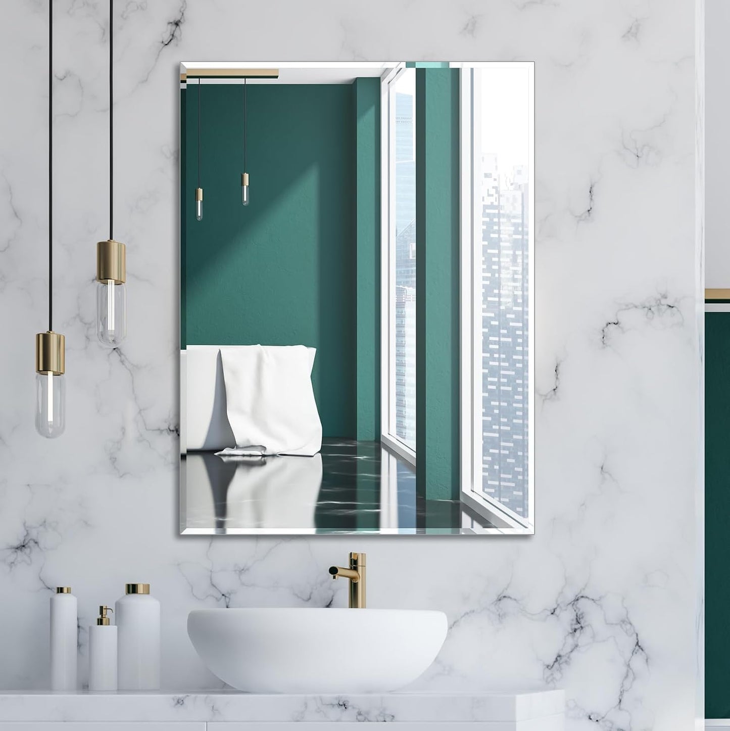 Frameless Bathroom Mirror - Rectangle Beveled Edge, Shatterproof Tempered Glass | 24" x 16" for Versatile Hanging