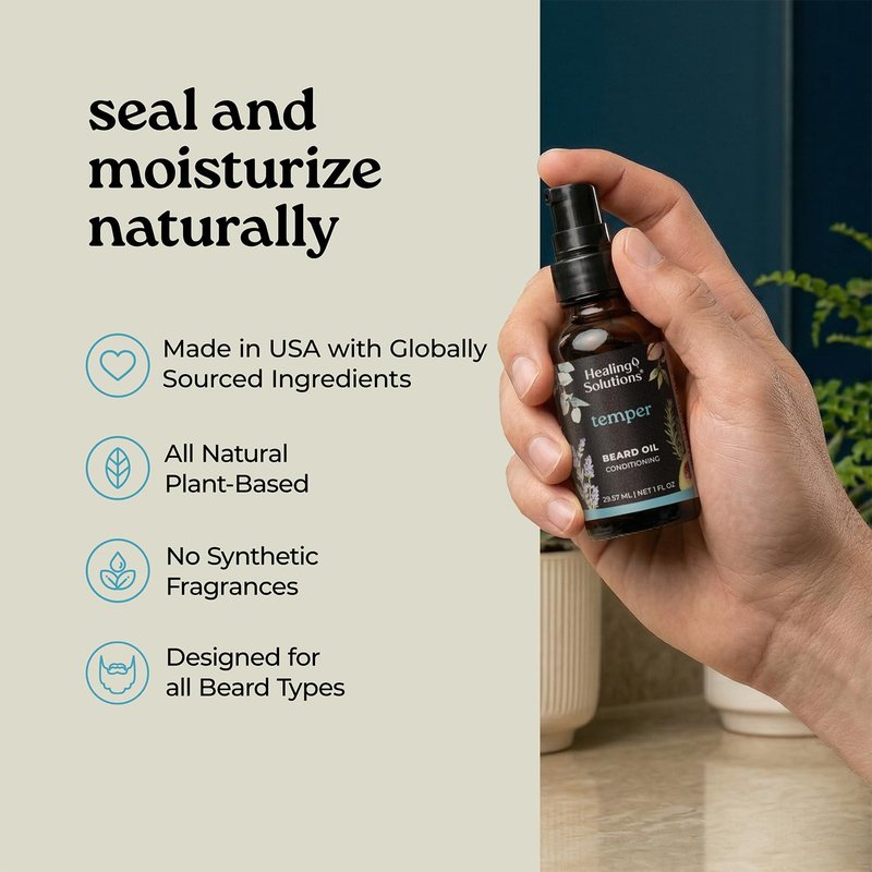 Healing Solutions Temper Beard Oil, All Natural Oil with Baobab, Argan, & Avocado Oil, 1oz, Deep Conditioning for Soft, Manageable Beard, No Synthetic Fragrance