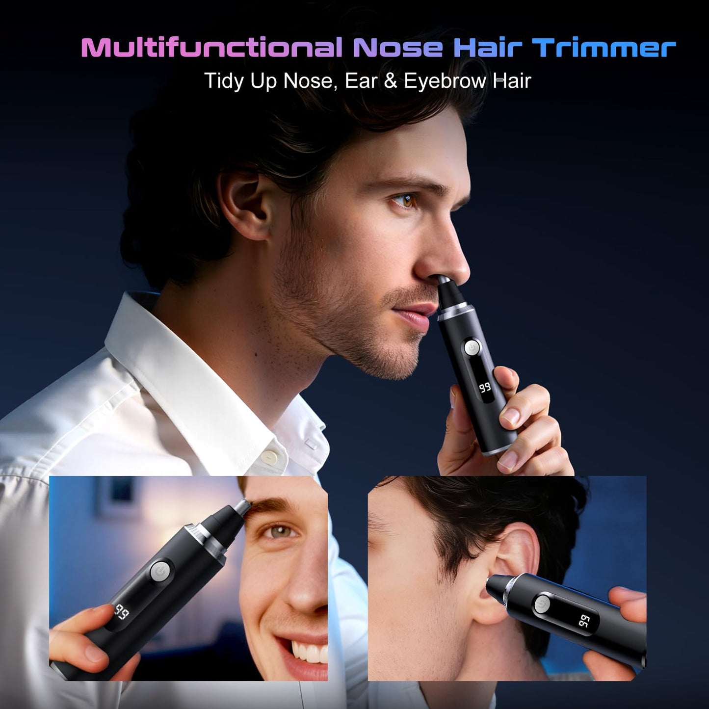 Savilab Nose Hair Trimmer for Men and Women, USB Rechargeable Electric Facial and Ear Hair Remover with LED Display, Dual-Edge Blades for Smooth, Painless Eyebrow Grooming (Black)