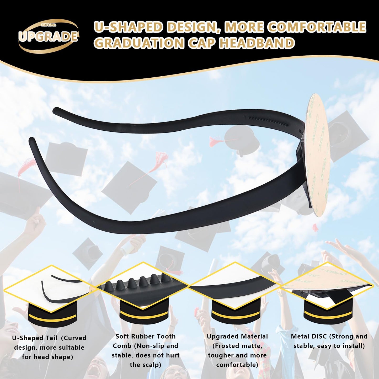Tryly 2 Pack Graduation Cap Headband Insert, Anti-Slip Stabilizer, Eyeglasses Compatible, Graduation Gift for Graduates (Black 2pcs)