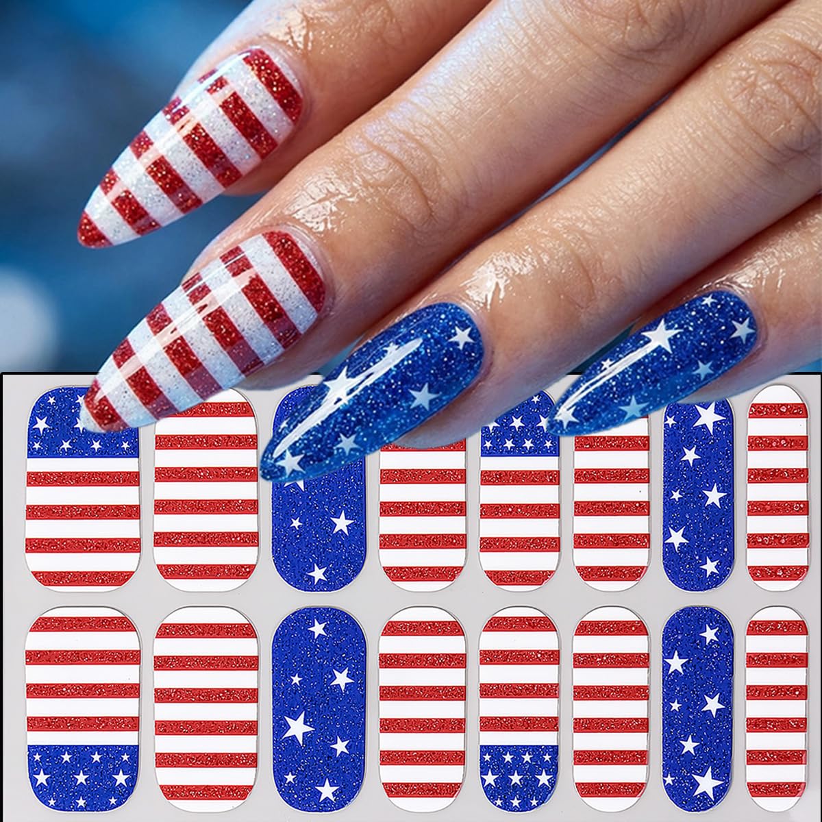 4Sheets 4th of July Gel Nail Strips Stickers Independence Day Full Wrap Nail Stickers American Flag Star Design Patriotic Nail Polish Strips 3D Self Adhesive Summer Holiday Nail Wraps Decals for Women