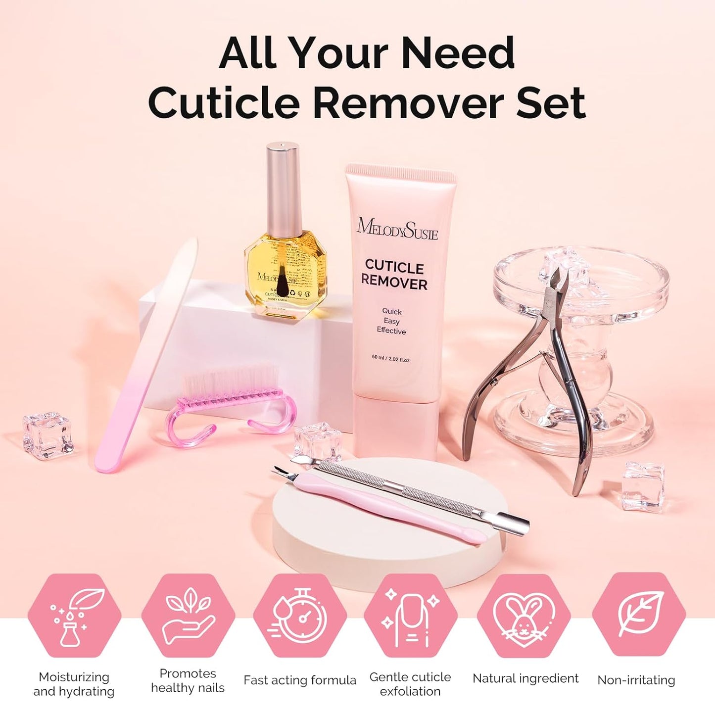 MelodySusie Cuticle Remover Kit - 60g Cream, 15ml Oil, Nipper & File | Essential Nail Care Set