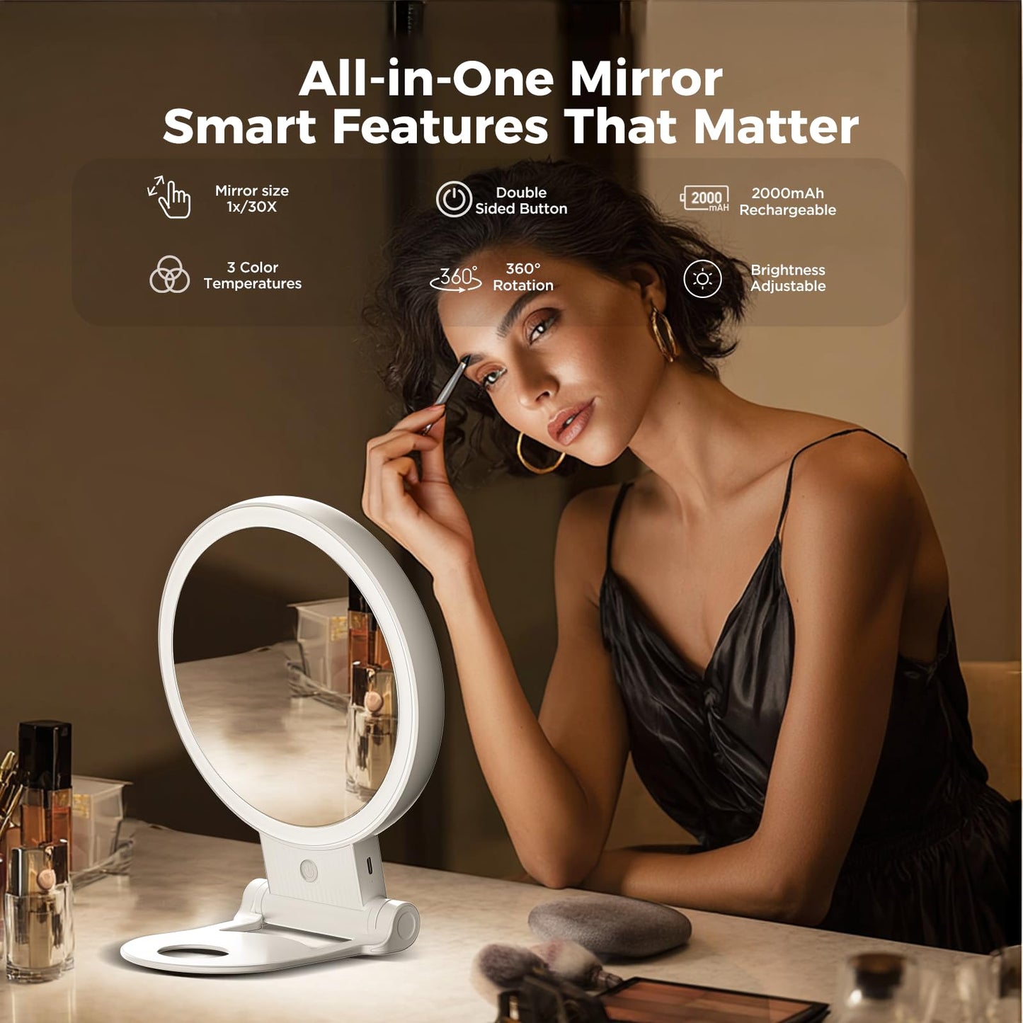 tubbede 1X/30X Lighted Makeup Mirror with Magnification, Double-Sided Switch, 3-Color Lights, 2000mAh Rechargeable, Adjustable Brightness for Vanity Table or Bathroom (White)