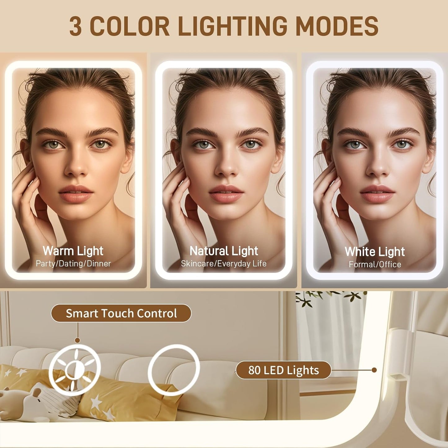 Illuminated Makeup Mirror - 1X/3X/5X Magnification, Dimmable Soft Light, 360° Rotation | Rechargeable Trifold Mirror for Travel & Dorm