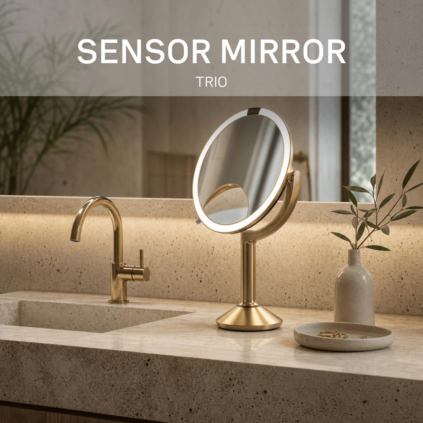 Sensor Mirror Trio - 1X 5X 10X Magnification Round Makeup Mirror | Tru-Lux® Light, Adjustable Brightness, Brass Steel