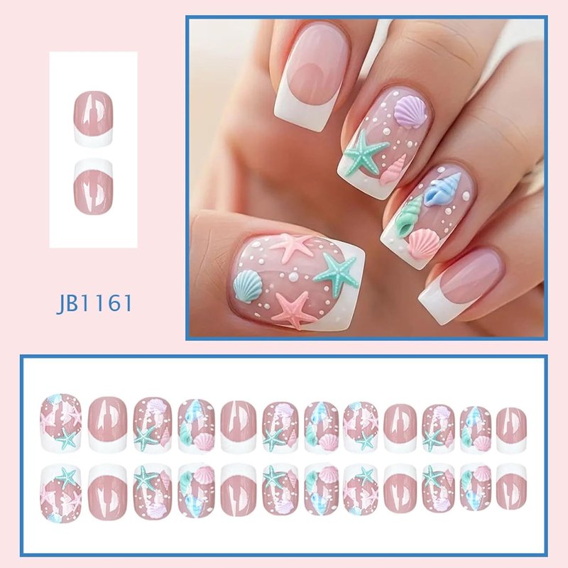 French Tip Press-On Nails - Short Square Glossy Acrylic with 3D Seashell & Starfish Designs | 24 Pcs Reusable Summer Nails