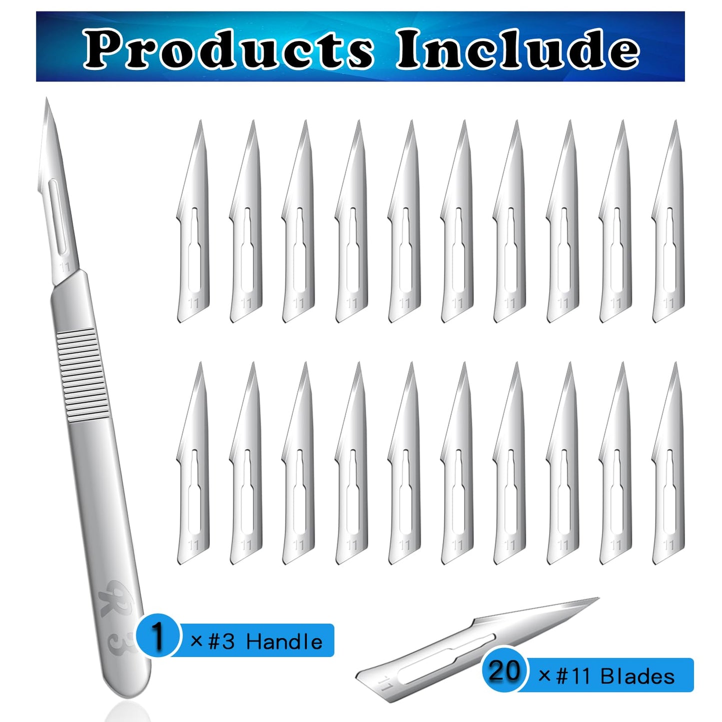 ZKKZOMA 20 Pieces Scalpel Blades #11 Scalpels Surgical Sterile Blades with #3 Scalpel Knife Handle,Individually Wrapped High Carbon Steel Blades for Callus Removal,Sculpting, Cutting,Crafts & More