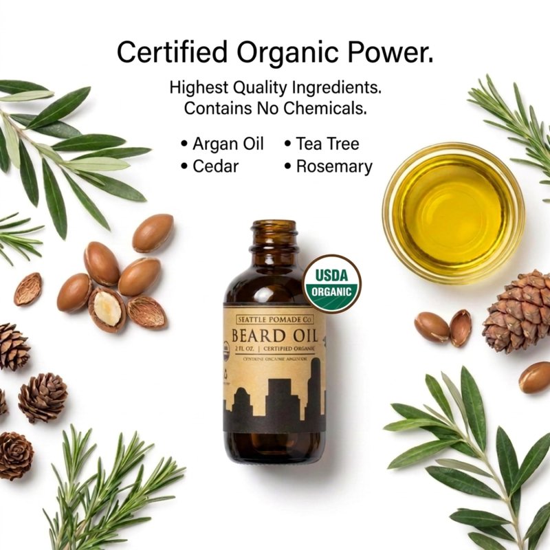 Seattle Pomade Co. Certified Organic Beard Oil for Men, Promotes Growth for Soft and Itch Free Facial Hair, Argan and Castor Oil. Globally sourced certified organic materials.