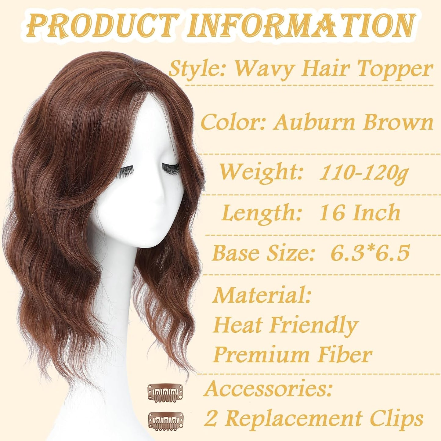 Hair Topper for Women - 16 Inch Synthetic Curly Clip-In with Curtain Bangs | Auburn Brown Lightweight Volume Piece
