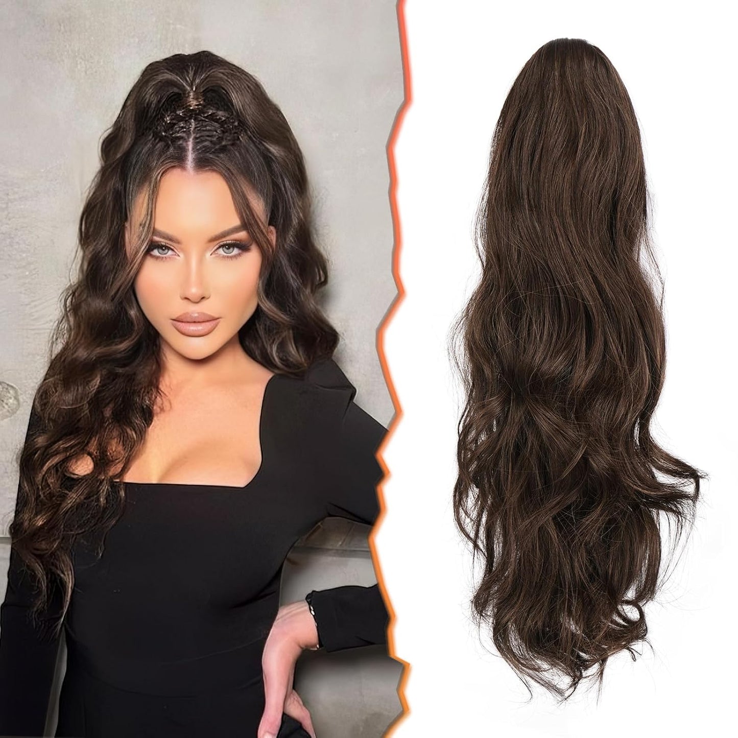 Claw Clip Ponytail Extension - 20 Inch Black Wavy Synthetic Hair | Soft, Lightweight, Realistic Look