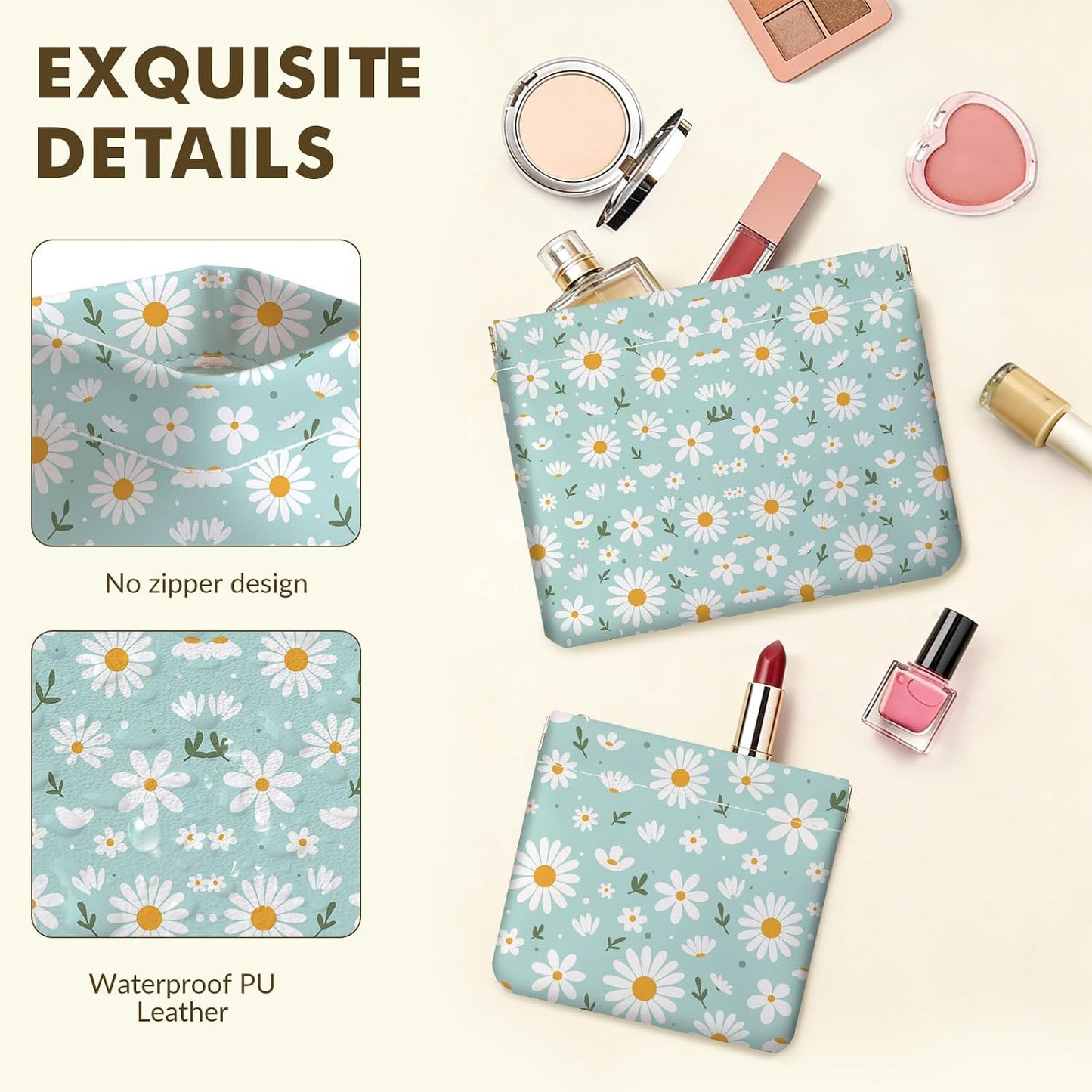 Small Makeup Bag Set - 2 PCS PU Leather Cosmetic Organizer | Portable Self-Closing Pouch for Travel - White Flower Design