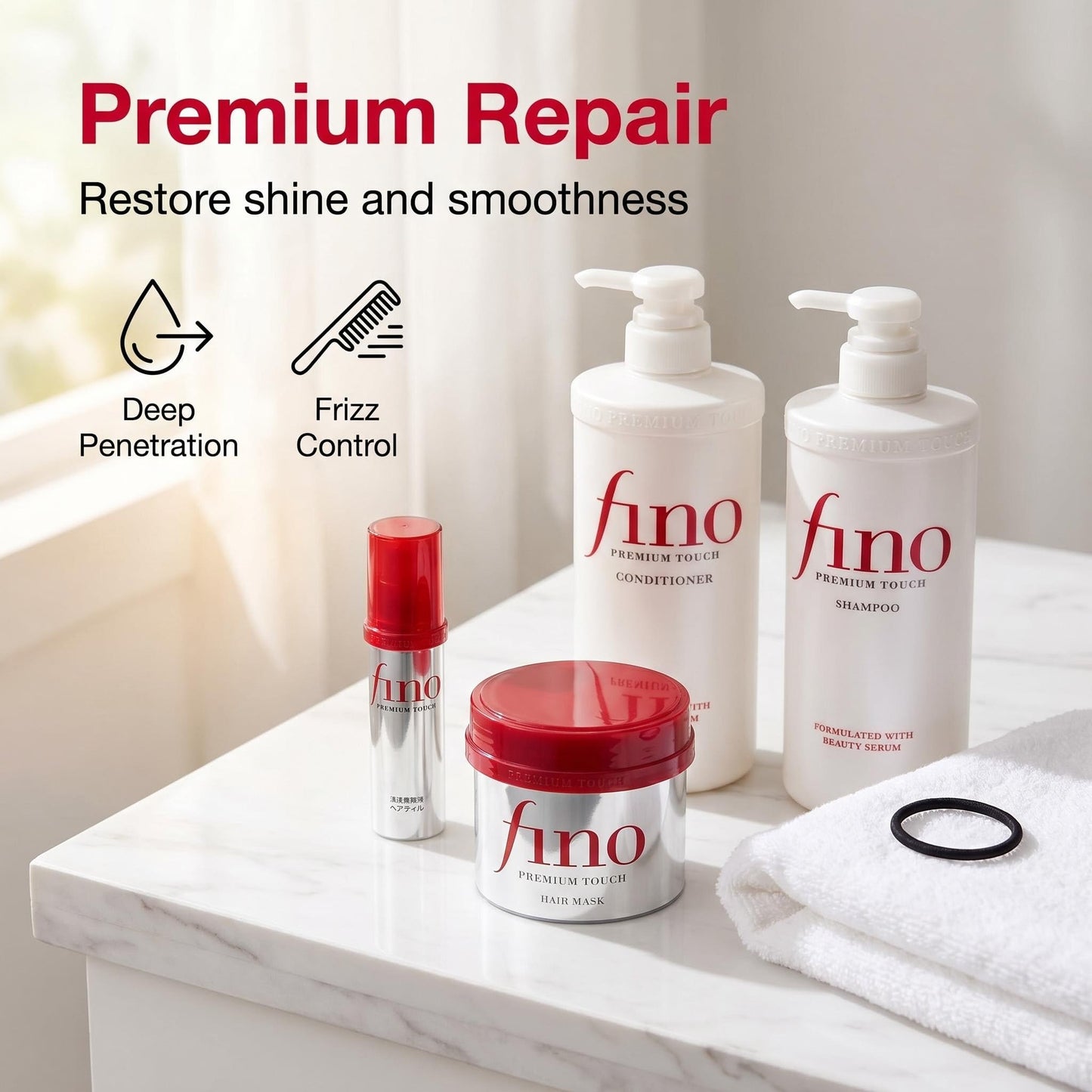 TJ SIGNATURE Fino Premium Touch Complete Hair Spa Set - Shampoo (550ml), Conditioner (550ml), Mask (230g) & Hair Oil (70ml) 5-Piece J-Beauty System for Damaged Hair - Bonus Branded Hair Tie Included