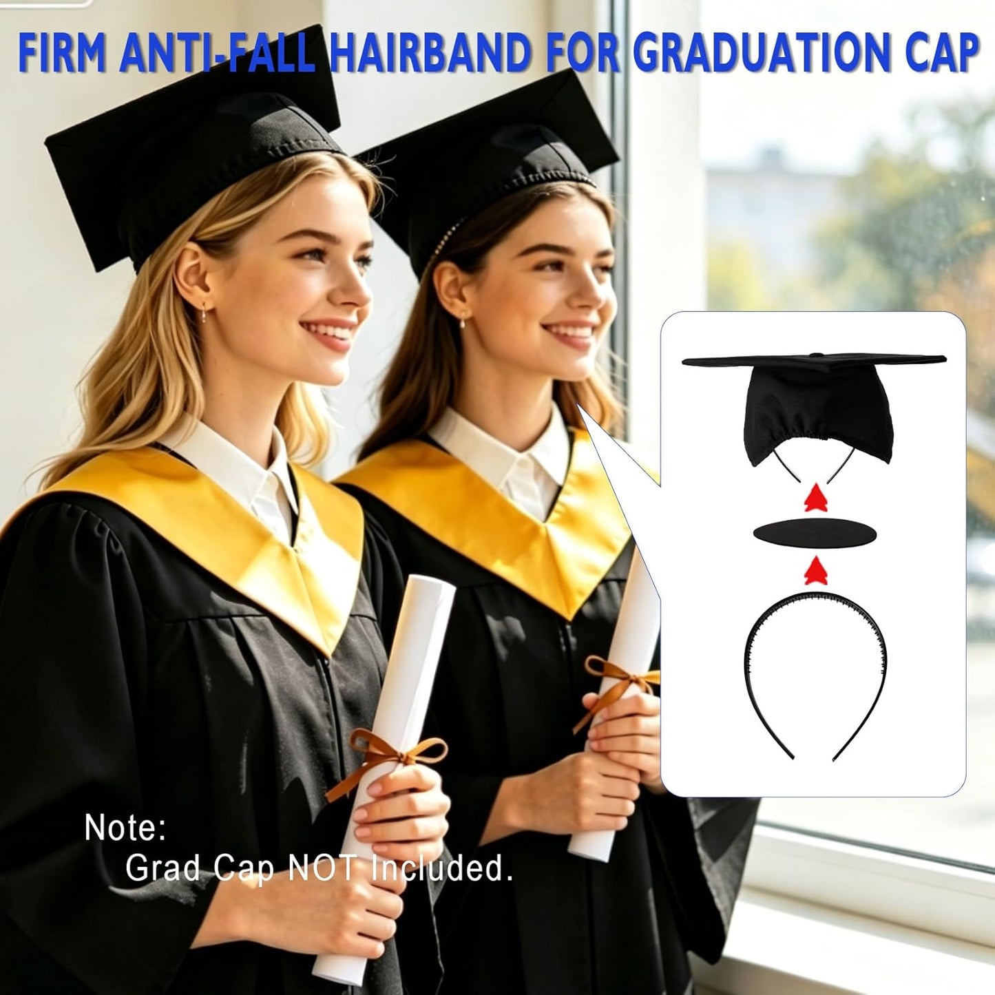 Graduation Cap Headband - Secure Anti-Fall Holder for Grad Caps | Black, 1 Pack
