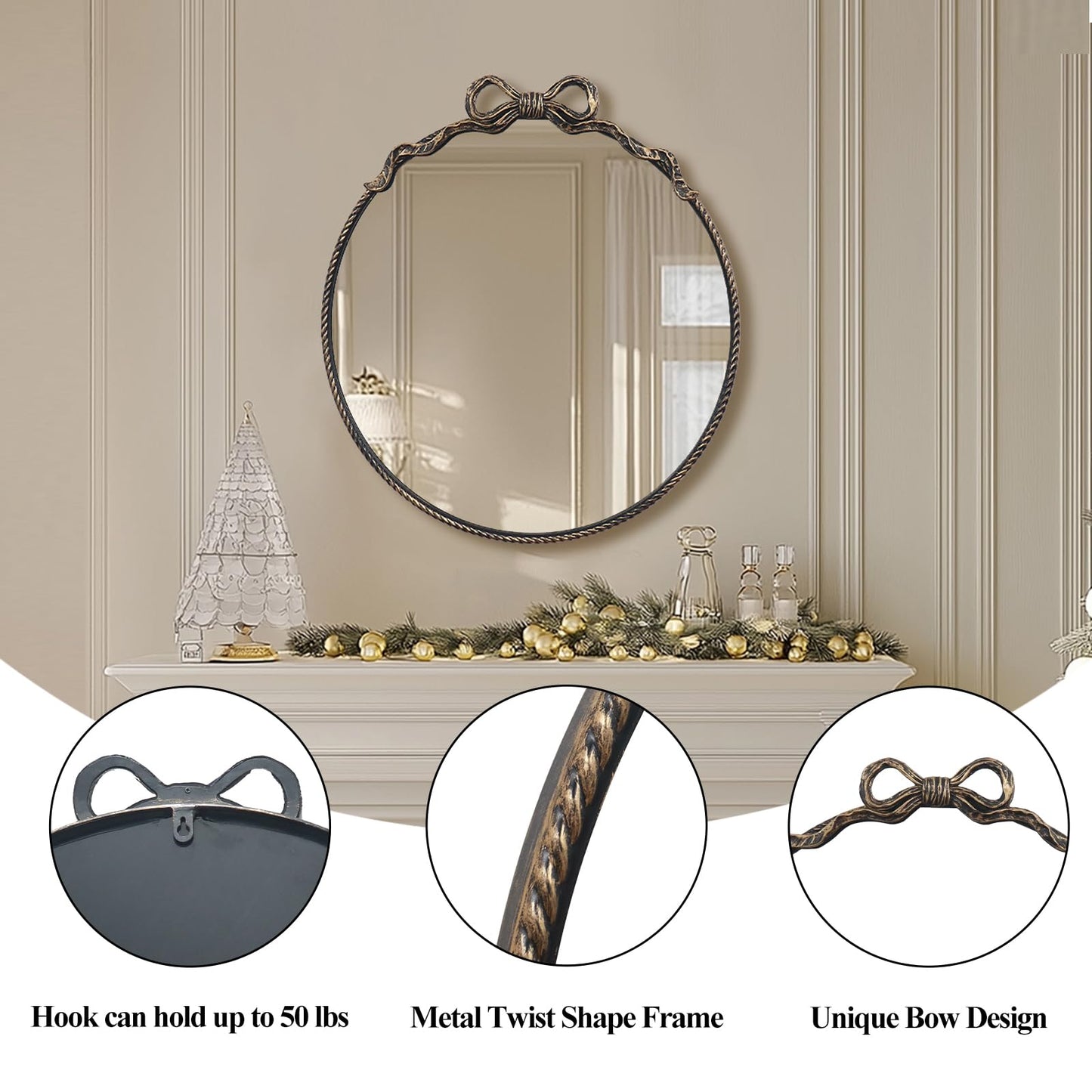YIDIE Black Bow Metal Round Mirror -28inch Elegant Wall-Mounted Vanity Decorative Mirror for Bedroom, Bathroom, Living Room