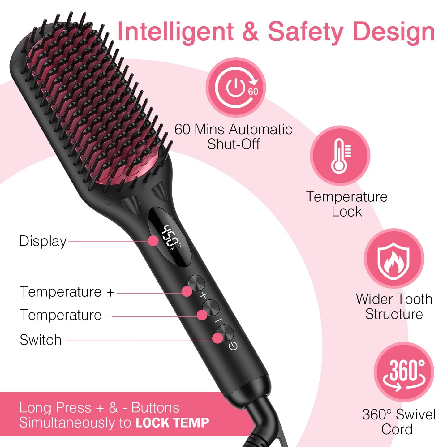 MiroPure Enhanced Ceramic Hair Straightener Brush - 2-in-1 Ionic Styling Tool with Anti-Scald & Auto-Off Features | Black