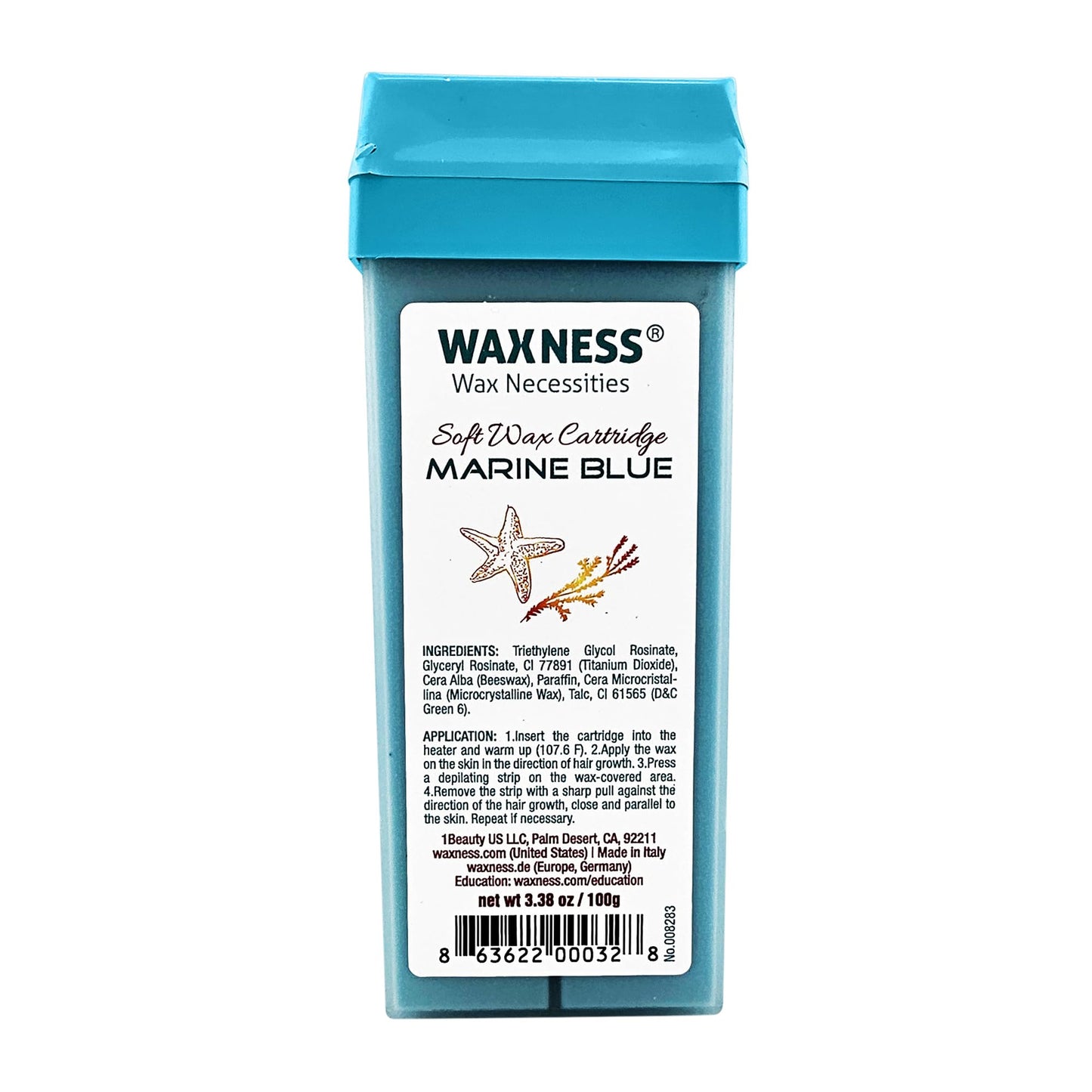 Waxness Soft Wax Cartridge Marine Blue – Pack of 4 × 3.38 oz (96 g) – Professional Strip Wax Roll-On for Face & Body – Made in Italy