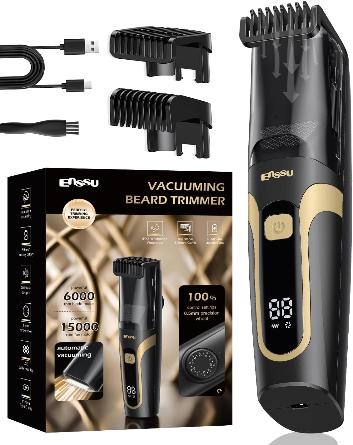 Beard Trimmer for Men - Rechargeable Electric Vacuum Trimmer with 2 Combs & 1-20mm Adjustable Length | Waterproof Cordless Mustache Trimmer
