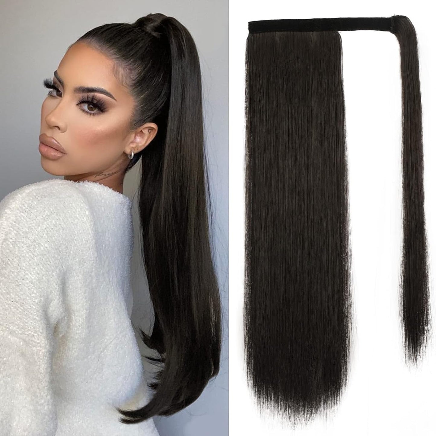 Dark Brown Straight Ponytail Extension - 28 Inch Clip-In Hairpiece for Women | Synthetic Wrap Around Style