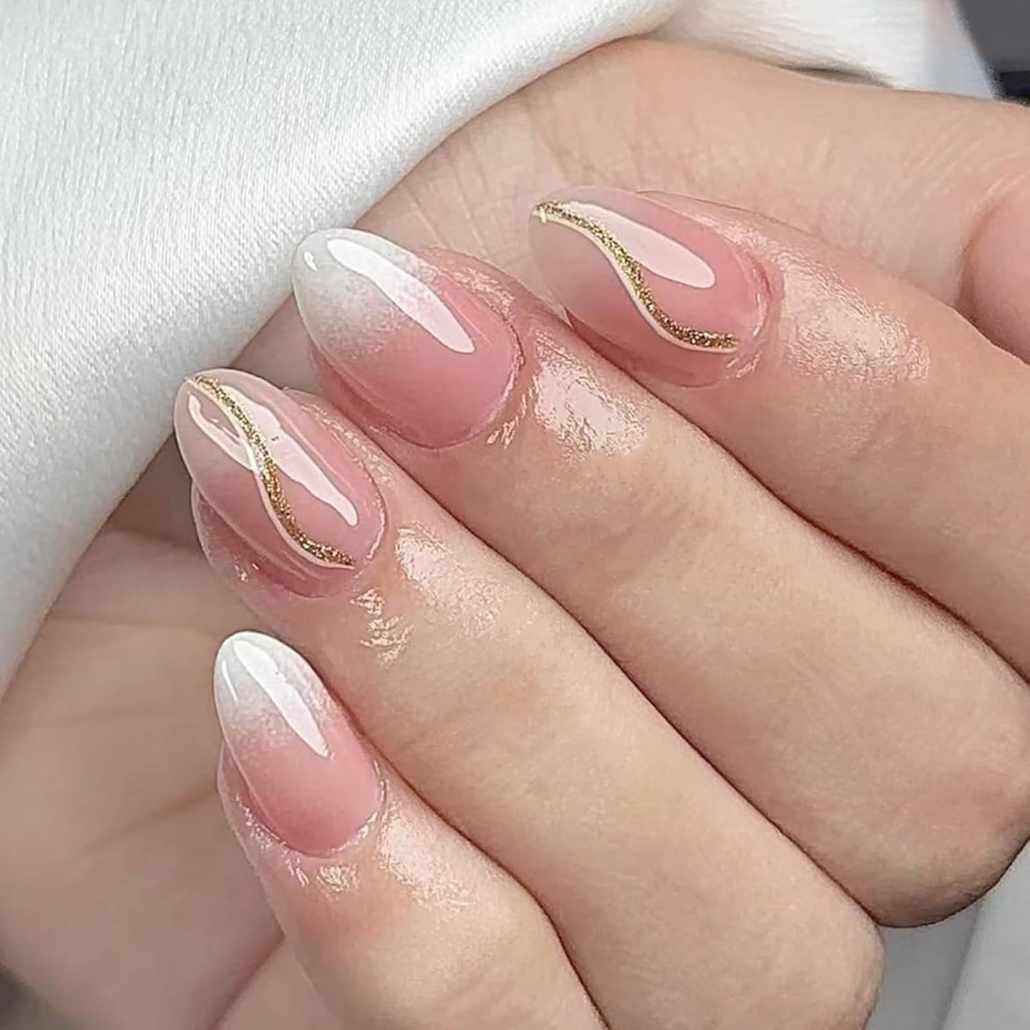 Press On Nails - French Tip Rhinestone Design | Medium Almond Glossy Full Cover - 24 Pcs for Women