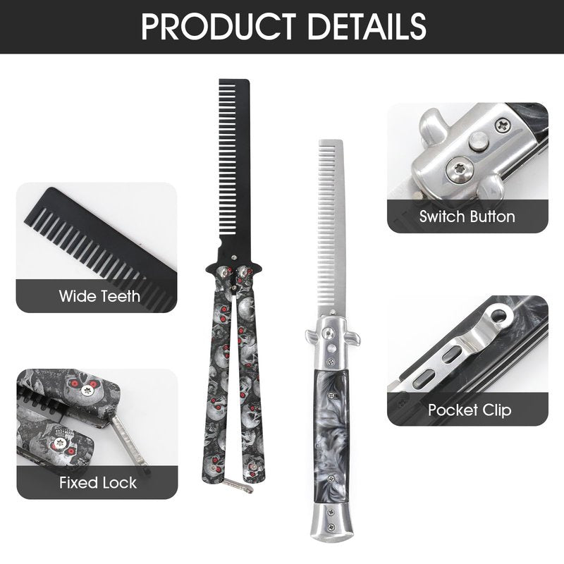 Automatic Switch Folding Practice Combs, Stainless Steel Butterfly Comb, Outdoor Training Pocket Combs, Hair Brush for Beard, Mustache