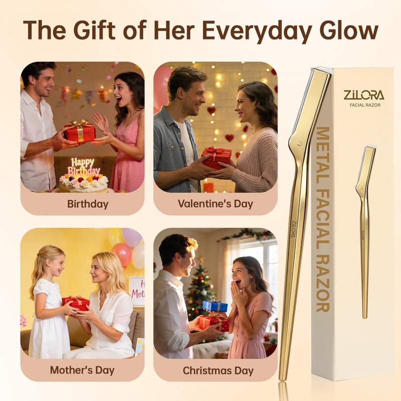 ZiLORA Metal Face Razor for Women, Dermaplaning Tool with 16 Replacement Blades (Wide & Micro), Facial Hair Remover & Eyebrow Trimmer, Gold