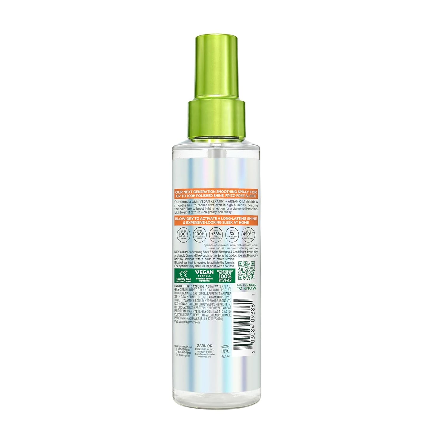 Garnier Fructis Diamond Sleek Hair Shine Spray | 100-Hour Frizz Control & Heat Protectant with Vegan Keratin, 4.6 Fl Oz