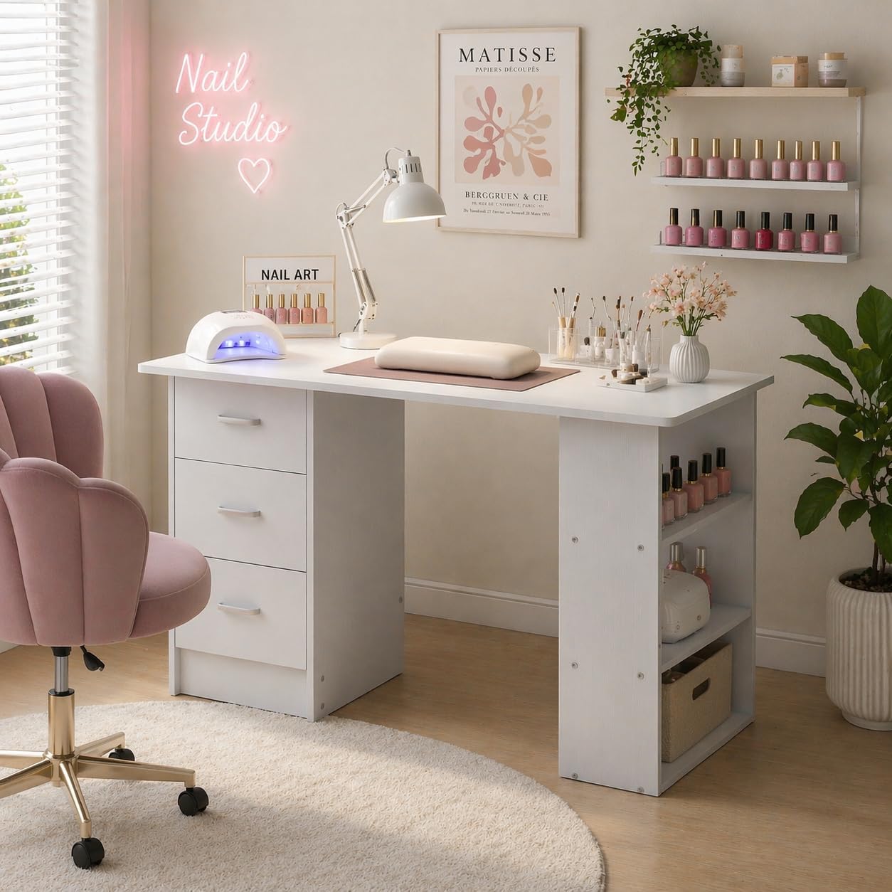 Nail Desk - Modern Manicure Table with Drawers & Shelves | White Beauty Workstation for Home Salon