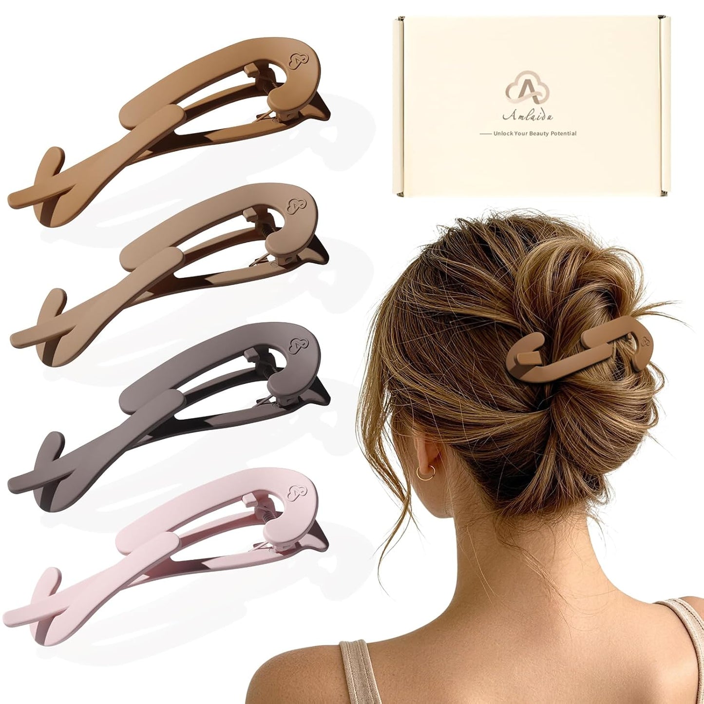 Large Twist Flat Hair Clips - Stylish Tortoise Claw Clips for Medium Thick Hair | 4-Pack for Long, Curly Styles