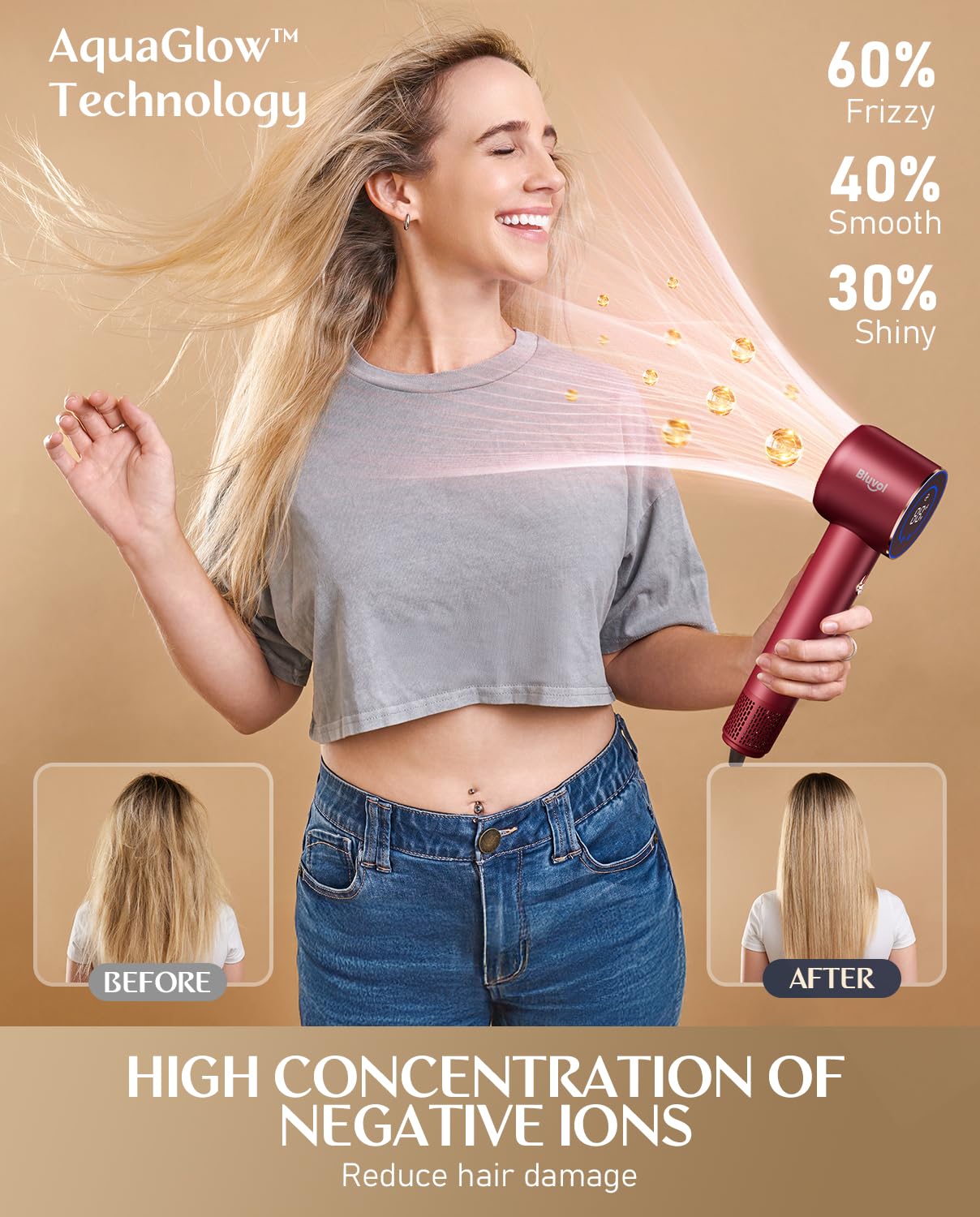 Bluvol SonicDry H10 Apex Travel Hair Dryer, 110,000 RPM Brushless Motor for Fast Drying, Ionic AquaGlow Tech, 0.74lb LightFlow & 56dB Low Noise, Professional for Travel, Home & Salon - Burgundy