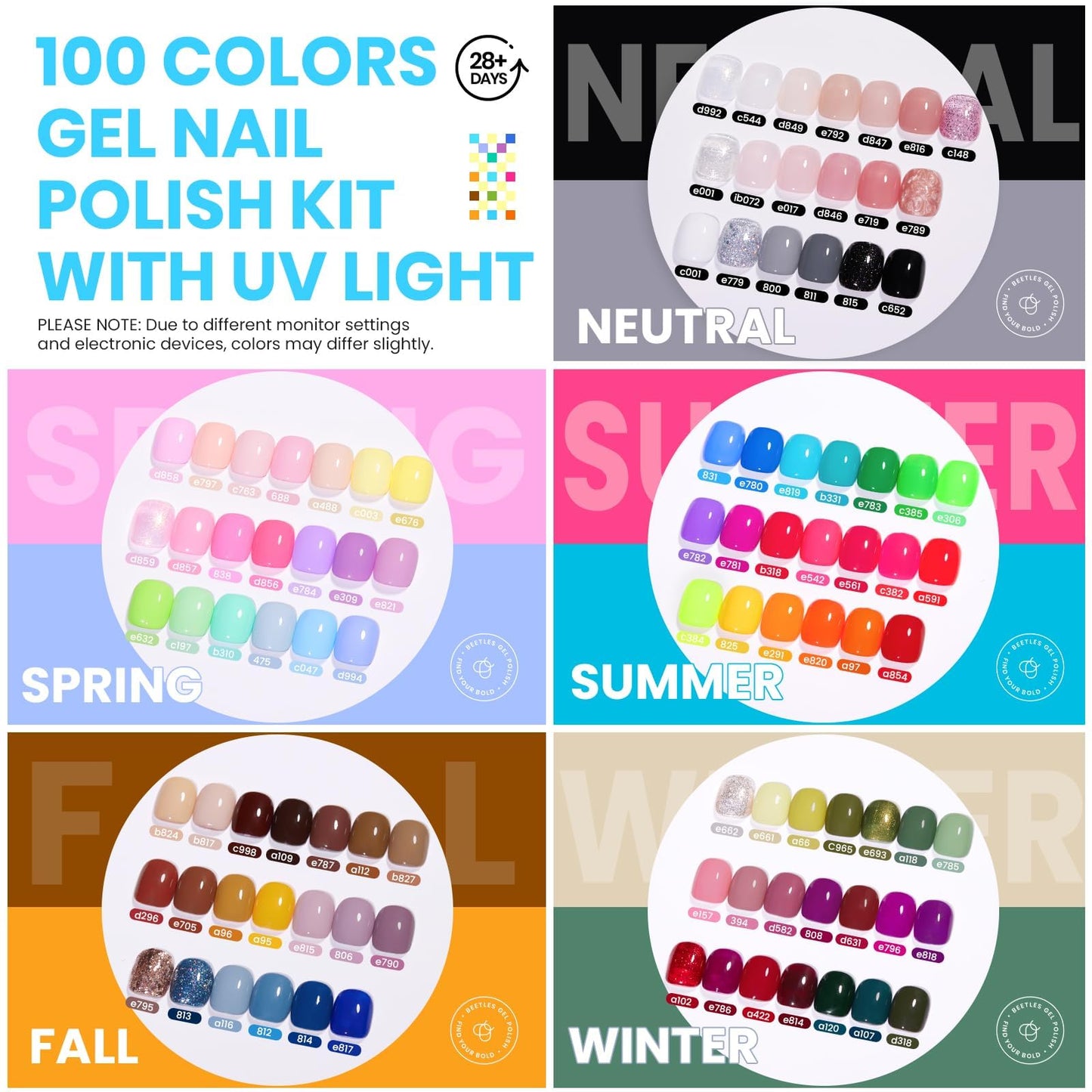 Beetles Gel Nail Polish Kit with U V Light, 100 Colors Gel Polish 133 Pcs Nail Stuff Kit for All Seasons with Base and Matte&Glossy Top Coat Infinite Inspirations Soak Off Gifts for Women