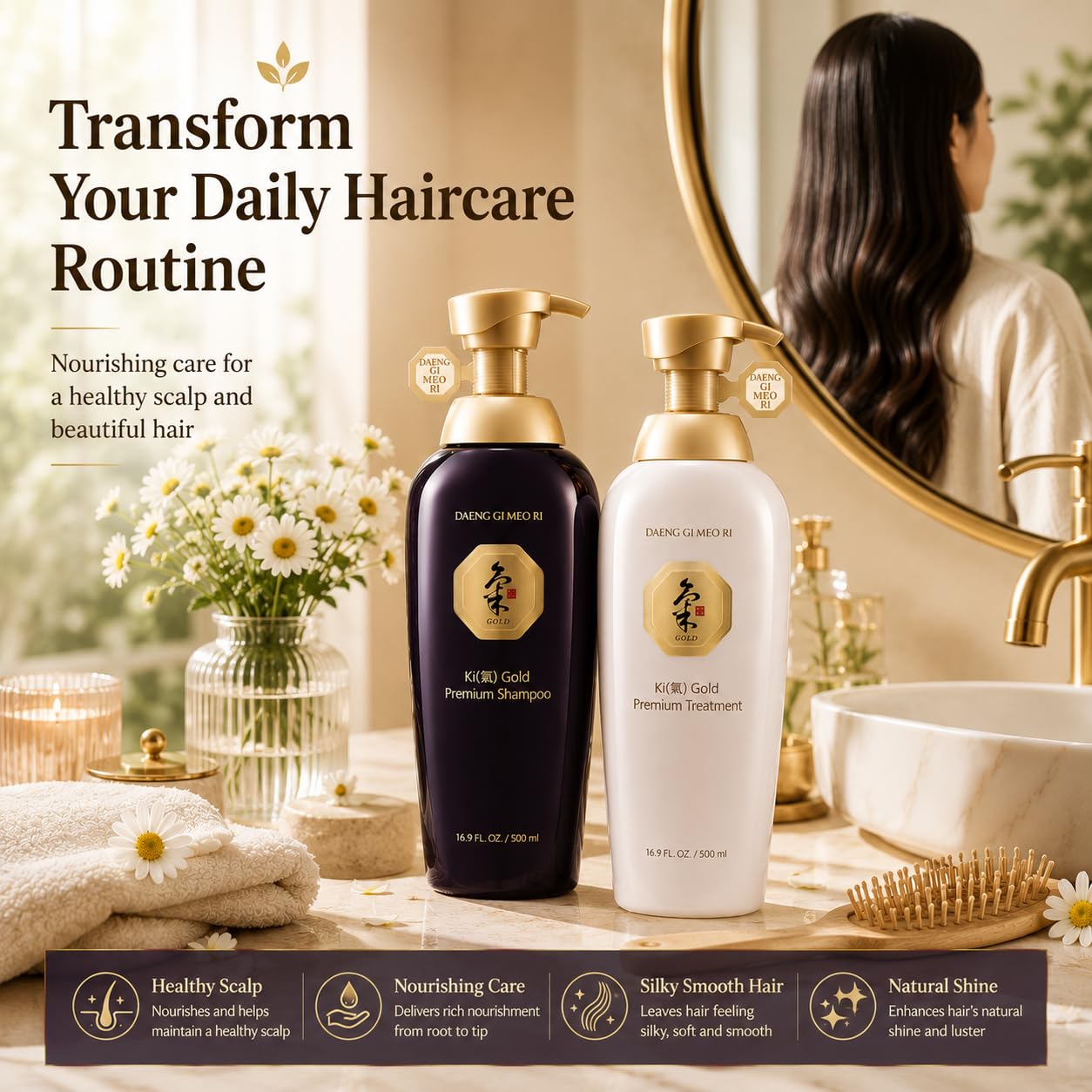 Daeng Gi Meo Ri- Ki Gold Premium Shampoo + Treatment Set, Promoting Hair Growth, Effectively Moisture to Dry and Rough Hair, No Artificial Color, 500ml