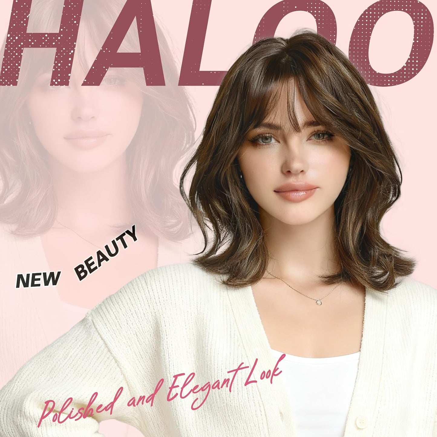 Brown Short Bob Wig with Bangs - Wavy Layered Synthetic Hair for Women | 14 Inch Natural Look with Highlights