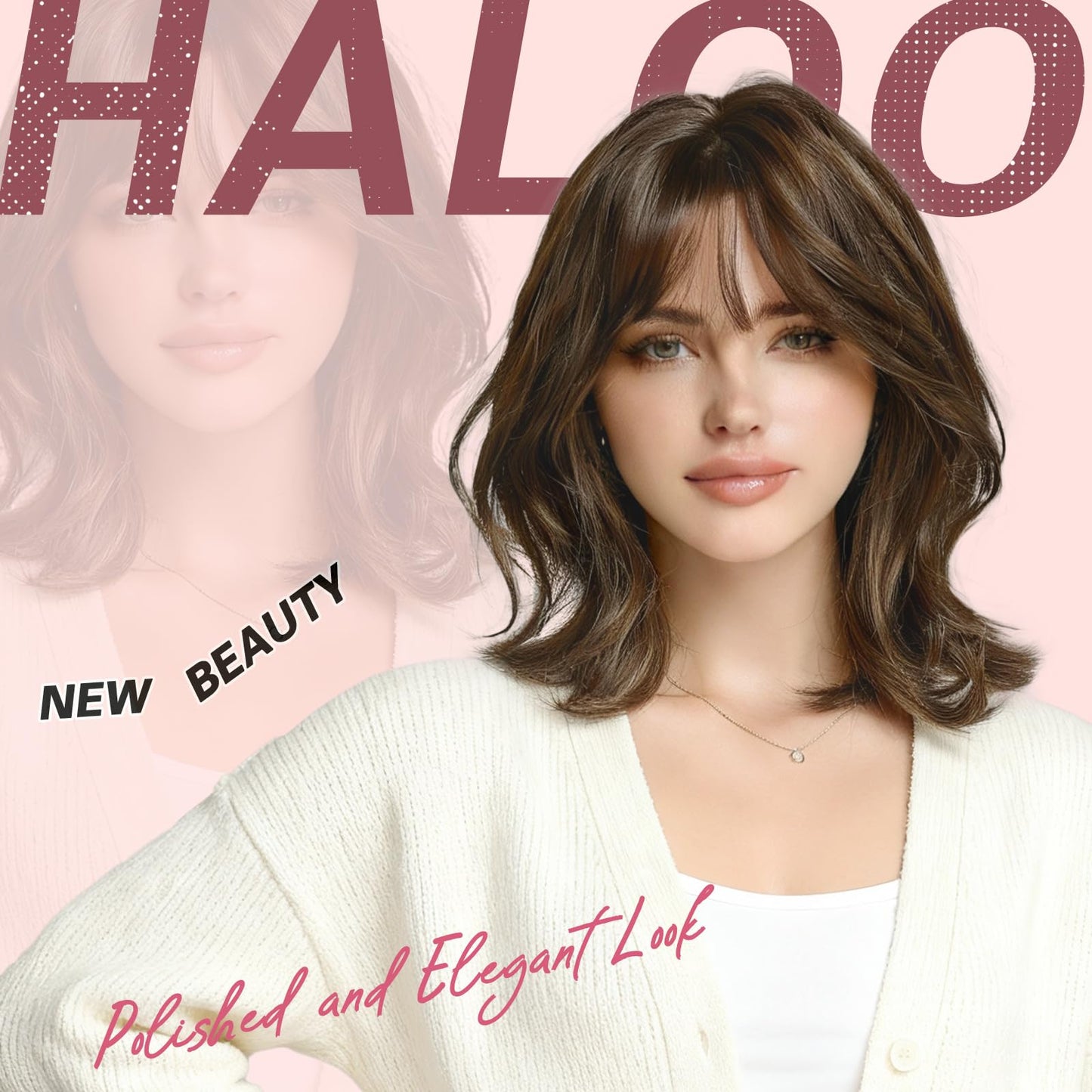Haloo Brown Short Bob Wigs with Bangs Shoulder Length Wavy Layered Flipped Ends Natural Looking Medium Synthetic Hair Wig for Women Daily Party, 14 Inch Brown with Highlights